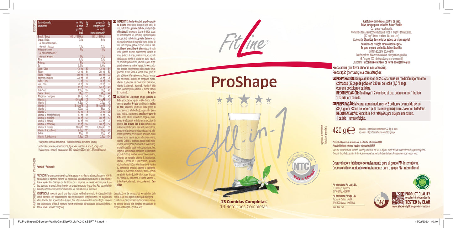 etiqueta ingredientes y modo de uso proshape vainilla fitline