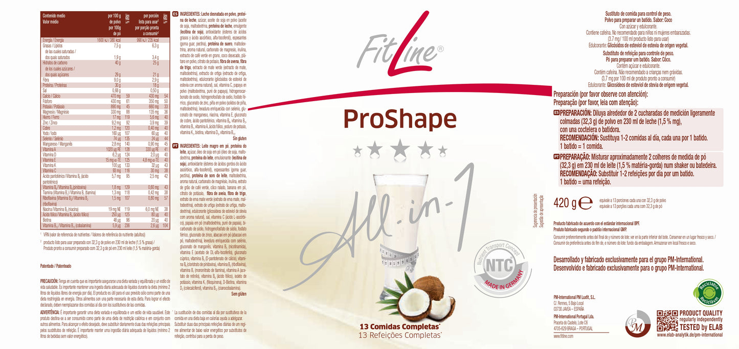 etiqueta ingredientes y modo de uso proshape coco fitline