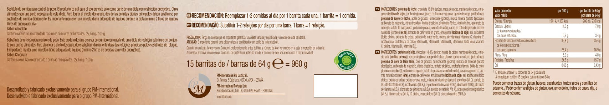 Etiqueta ingredientes Barritas energeticas naturales para sustituir comidas, vegano proshape2go chococolate fitline pm international
