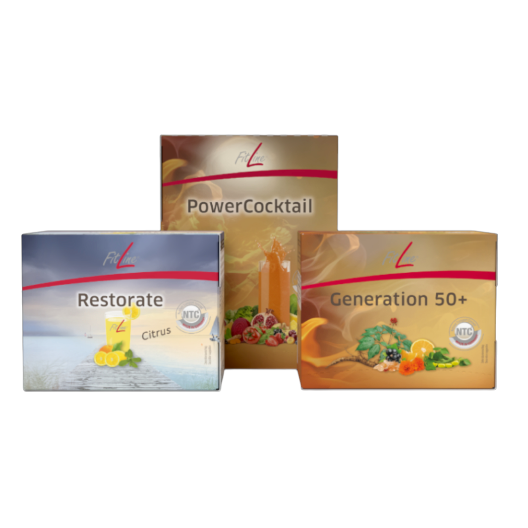 Fitline Optimal Set 50+ Powercocktail + Restorate Citrus + Generatión +50, Vitaminas, Minerales y Acidos Grasos