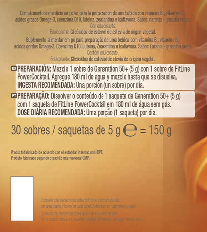 Fitline Optimal Set 50+ Powercocktail + Restorate Citrus + Generatión +50, Vitaminas, Minerales y Acidos Grasos