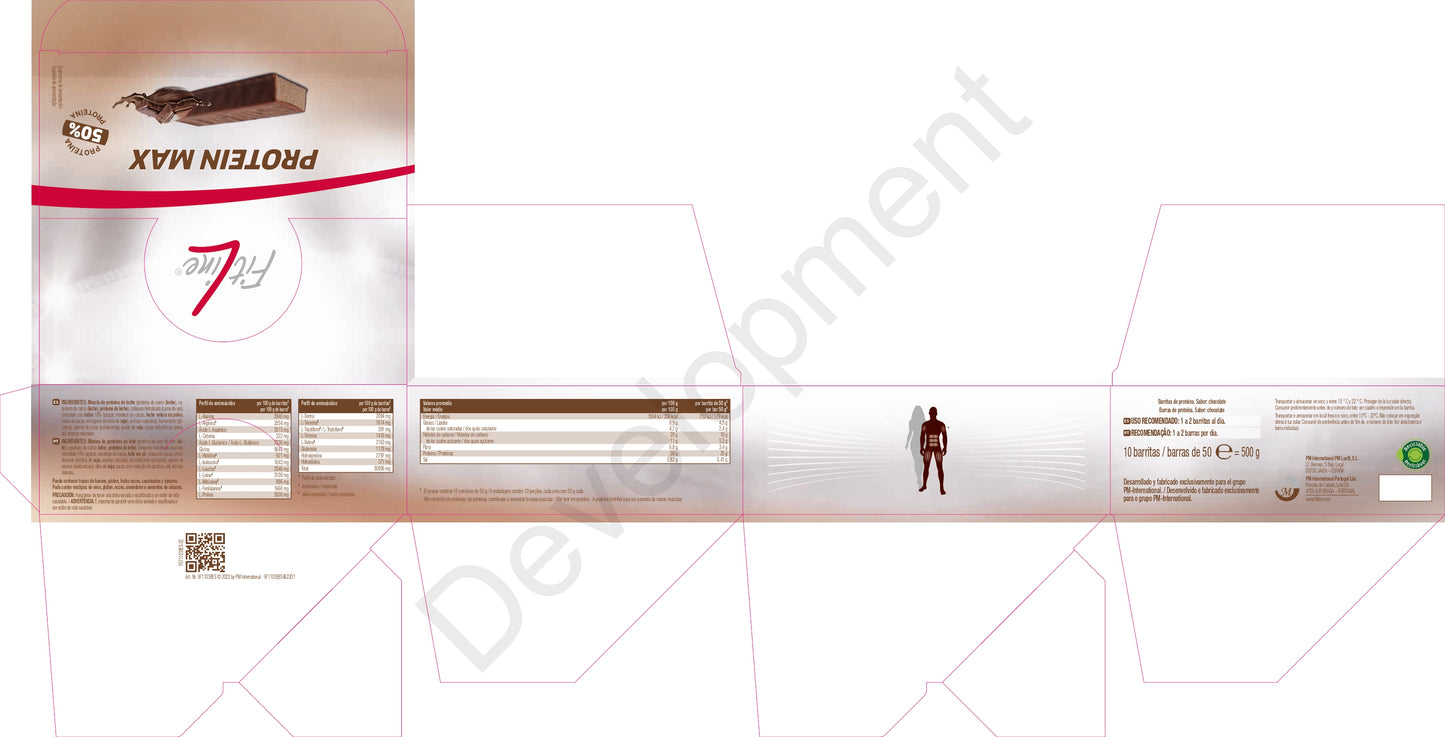 Etiqueta de ingredientes barritas de proteinas protein max fitline pm international, barritas 50 gramos y 25 gramos proteina