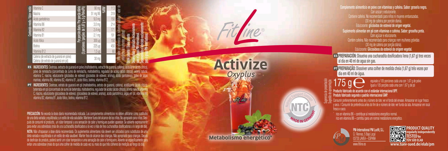 etiqueta vitaminas energia, fitline, pm international, naturales activize oxyplus, extracto de guarana, grosella.